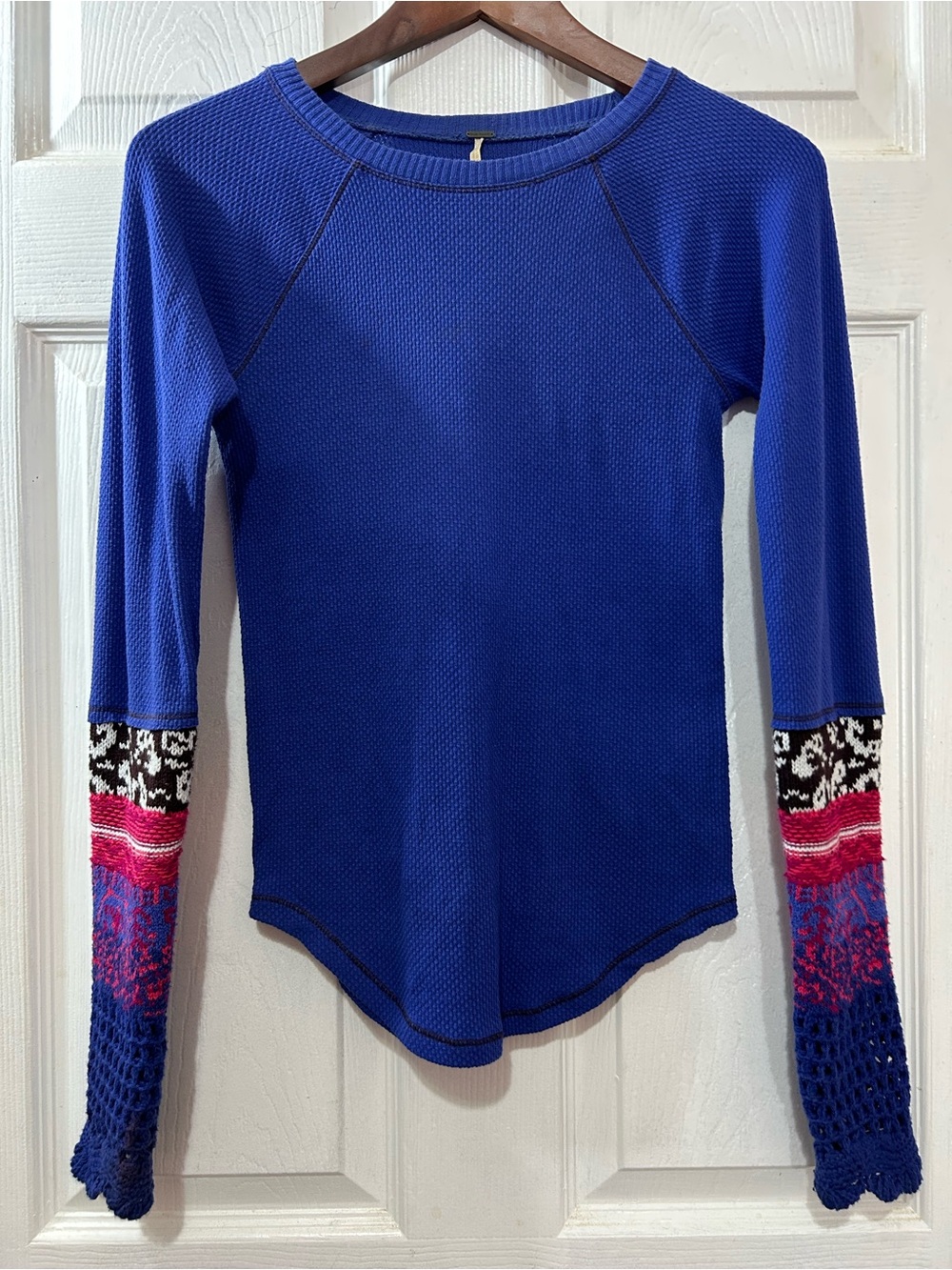 Free People Blue Waffle Knit Thermal Top XS Crochet Fair Isle Cuff